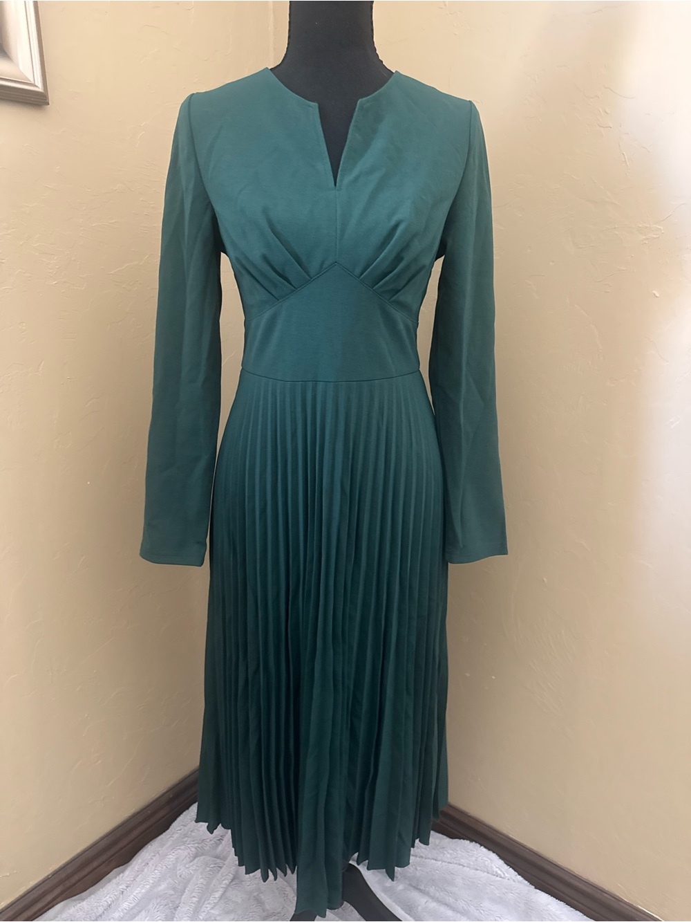SHEIN Emerald Green Pleated Long Sleeve Midi Dress